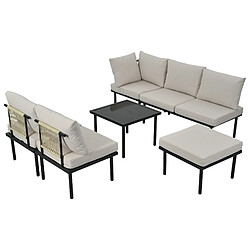 DZMDIP Salon de jardin 6 pièces – Pieds réglables – Plateau verre lisse – Coussins inclus, Beige