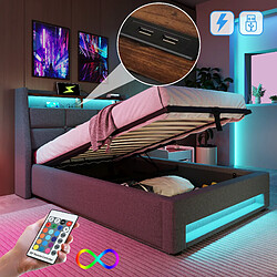 Merax Lit Capitonné - 90x200cm - USB Et LED - Cadre En Lin Gris