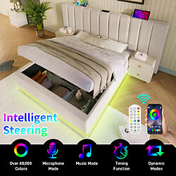 Merax Lit 160x200-lit Double Avec Rangement-éclairage LED-prises USB Et Type-c-en Lin-beige