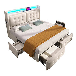 Merax Lit 140x200 Cm-lit Double Avec Tête De Lit LED-port USB-c Et 4 Tiroirs De Rangement-beige