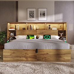 Avis Merax Lit 160x200 Cm-lit Double En Bois-éclairage LED Et USB-c-avec Vérins Hydraulique-naturel