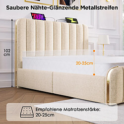 Avis Merax Lit Simple 90x200 Cm-lit Rembourrée-port USB Type-c-avec 4 Tiroirs-en Lin-beige