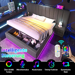 Merax Lit 180x200-lit Double Avec Rangement-éclairage LED-prises USB Et Type-c-en Lin-gris