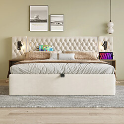 Merax Lit Double 180x200cm-Rangement Hydraulique-tables De Chevet Intégrées-en Velours-beige