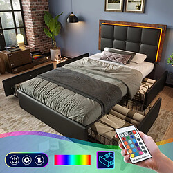 Merax Cadre De Lit LED - 90x200cm - 4 Tiroirs - Tête Réglable - Pu Noir 