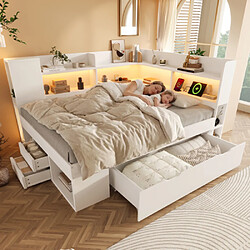 Merax Lit 140x200 Cm-avec Station De Charge USB Et Type-c-lit Enfant LED-Sommier à Lattes-blanc