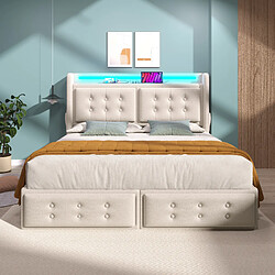 Merax Lit 140x200 Cm-lit Double Avec Tête De Lit LED-port USB-c Et 4 Tiroirs De Rangement-beige