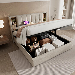 Merax Lit Double Avec Chargement Sans Fil USB-c-lit 180x200 Cm-système Hydraulique-naturel