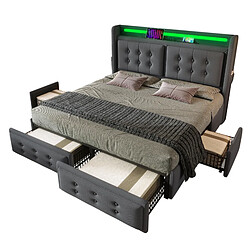 Merax Lit 140x200 Cm-lit Double Avec Tête De Lit LED-port USB-c Et 4 Tiroirs De Rangement-gris