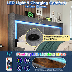 Merax Lit Double 140x200 Cm-avec Rangement Hydraulique-Avec LED,usb + Type-c-en Lin-gris pas cher