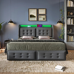 Merax Lit 140x200 Cm-lit Double Avec Tête De Lit LED-port USB-c Et 4 Tiroirs De Rangement-gris