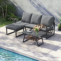 DZMDIP Ensemble de jardin – Canapé d'angle + table basse + repose-pieds – Plateau verre