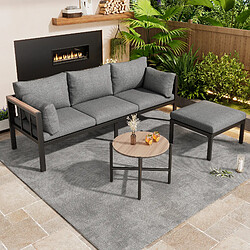 DZMDIP Ensemble de jardin – Canapé d'angle + table basse + repose-pieds – Plateau verre – Gris