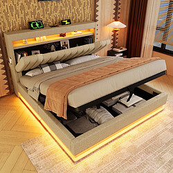 Merax Lit Double 160 X 200 Cm-avec Tête De Lit Coffre-ports USB Et Type-c-éclairage LED-beige