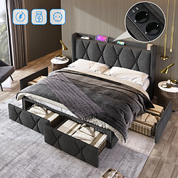 Merax Lit Rembourré Avec Fonction De Chargement USB-4 Tiroirs-lit Double 140x200cm-gris