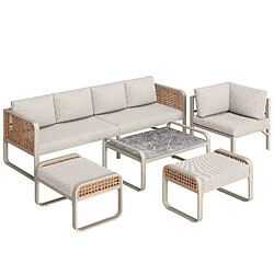 DZMDIP Ensemble salon jardin rotin 6-7 pers, pieds réglables, coussins inclus, beige