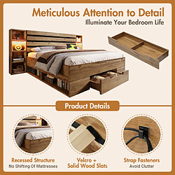Merax Lit Double 180x200cm-lit Adulte En Bois Massif-avec Éclairage LED Et Port USB-c-naturel pas cher