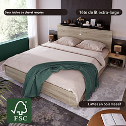 Merax Lit 160x200 Cm-Lit double avec 2 Tables De Chevet-en Chêne Sonoma/gris Foncé pas cher