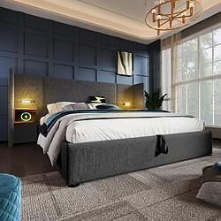 Merax Lit Double 180x200cm-lampe De Lecture-port USB Type-c-système Hydrauliquecadre-en Lin-gris