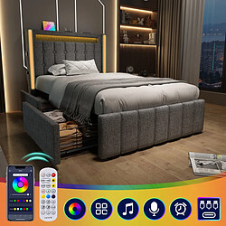 Merax Lit Capitonné - 90x200cm - USB Type C - LED - 2 Tiroirs - Gris
