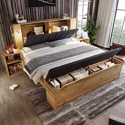 Merax Lit Double 160x200 Cm-avec 2 Tables De Chevet Et Banquette-lampes De Lecture-en Bois