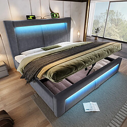 Merax Lit Double 180 X 200 Cm-sommier Hydraulique-led Réglable-usb + Type-c-en Velours-gris