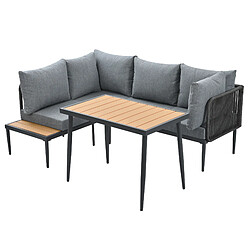 DZMDIP Ensemble repas de jardin – Canapé d'angle + table – Plateau bois-plastique – Gris