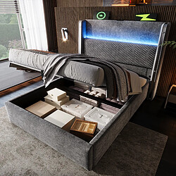 Merax Lit Hydraulique-lit Simple 90x200cm Avec Éclairage LED-Ports USB/type-c-gris