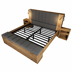 Merax Lit Double 160x200 Cm-avec 2 Tables De Chevet Et Banquette-lampes De Lecture-en Bois