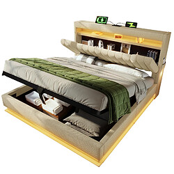 Merax Lit Double 160 X 200 Cm-avec Tête De Lit Coffre-ports USB Et Type-c-éclairage LED-beige