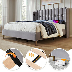 Merax Lit Double Capitonné Avec Port USB Type-c-lit Adulte 140x200cm-revêtement En Lin Gris-gris pas cher