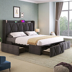 Avis Merax Lit Rembourré Avec Fonction De Chargement USB-4 Tiroirs-lit Double 140x200cm-gris