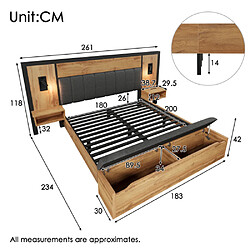 Acheter Merax Lit Double 180×200cm-Lampe De Lecture-usb/type-c-table De Chevet Et Banc-en Bois-naturel
