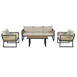 DZMDIP Salon de jardin 4 pièces – Plateau bois-plastique – Accoudoirs en corde tressée – Beige