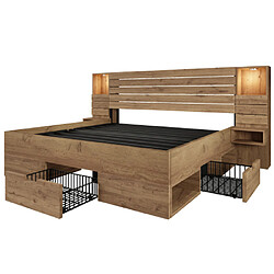 Merax Lit Double 160x200 Cm-avec Spots LED Intégrés-USB/Type-C-niche Éclairée-en Bois-naturel