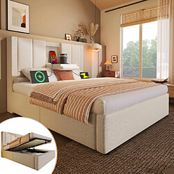 Merax Lit 90x200cm-lit Simple Multifonctionnel Avec Rangement, Recharge-lit Hydraulique-beige