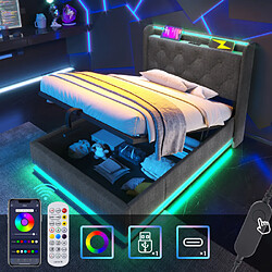 Merax Lit Double 90*200cm-rangement Hydraulique-avec Port De Chargement USB Type-c-gris