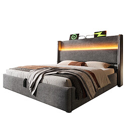 Merax Lit Hydraulique-lit Simple 160x200cm Avec Éclairage LED-rangement-ports USB/type-c-gris