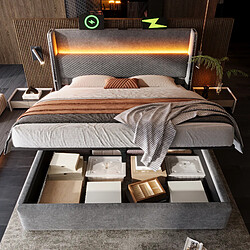 Merax Lit Hydraulique-lit Simple 180x200cm Avec Éclairage LED-rangement-ports USB/type-c-gris