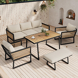 DZMDIP Ensemble repas de jardin 5 pièces – Plateau bois-plastique – Accoudoirs en corde tressée