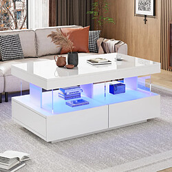 modfu Table basse led 100x60 cm blanc brillant avec panneaux en verre et 2 tiroirs