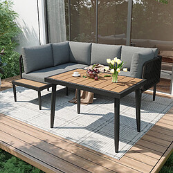 DZMDIP Ensemble repas de jardin – Canapé d'angle + table – Plateau bois-plastique – Gris