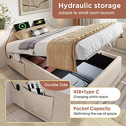 Avis Merax Lit Simple 90×190 Cm-avec Port USB-c-avec Rangement Hydraulique-en Lin-beige