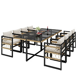 DZMDIP Salon ext tressé main 8 places, coussin, 2 tables verre+8 fauteuils, Beige+Noir