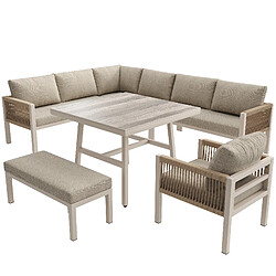 DZMDIP Salon de jardin L avec table basse, accoudoirs tressés, coussin – 8 places – Beige