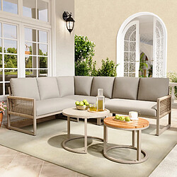 DZMDIP Ensemble salon de jardin 6-7p, canapé d'angle, pieds réglables, coussins inclus, Beige