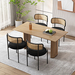 modfu Lot de 4 chaises de salle à manger en velours avec dossier en rotin et pieds en métal noir