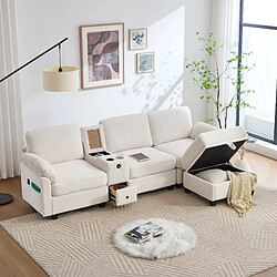 Smartue Canapé d’angle en velours côtelé beige avec pouf coffre de rangement
