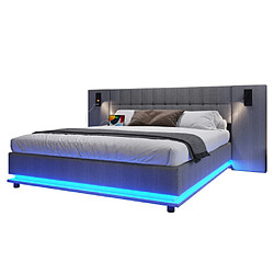 Merax Lit Double 180 X 200 Cm-lit Capitonné LED-tête De Lit Avec Spot Intégré, Port USB-gris