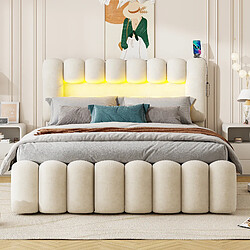 Merax Lit 160x200cm-lit Double Avec 4 Tiroirs-éclairage LED Avec USB Et Système Stéréo-beige